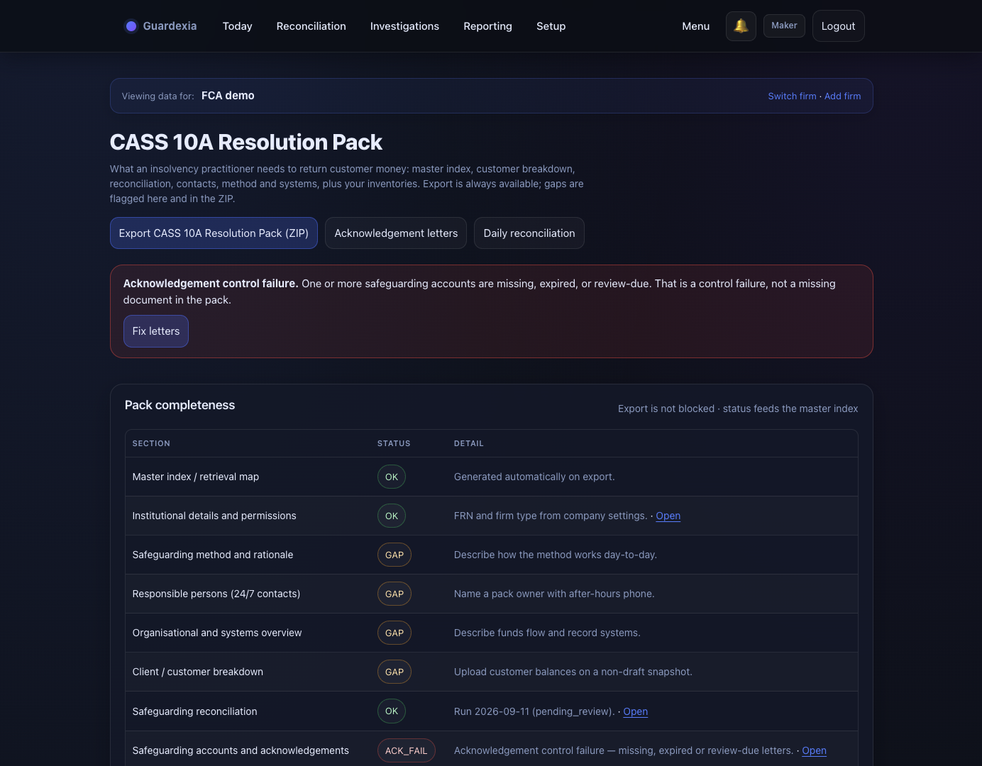 CASS 10A resolution pack screen showing pack completeness, responsible persons, method and systems, third-party inventory and retrieval-test controls.