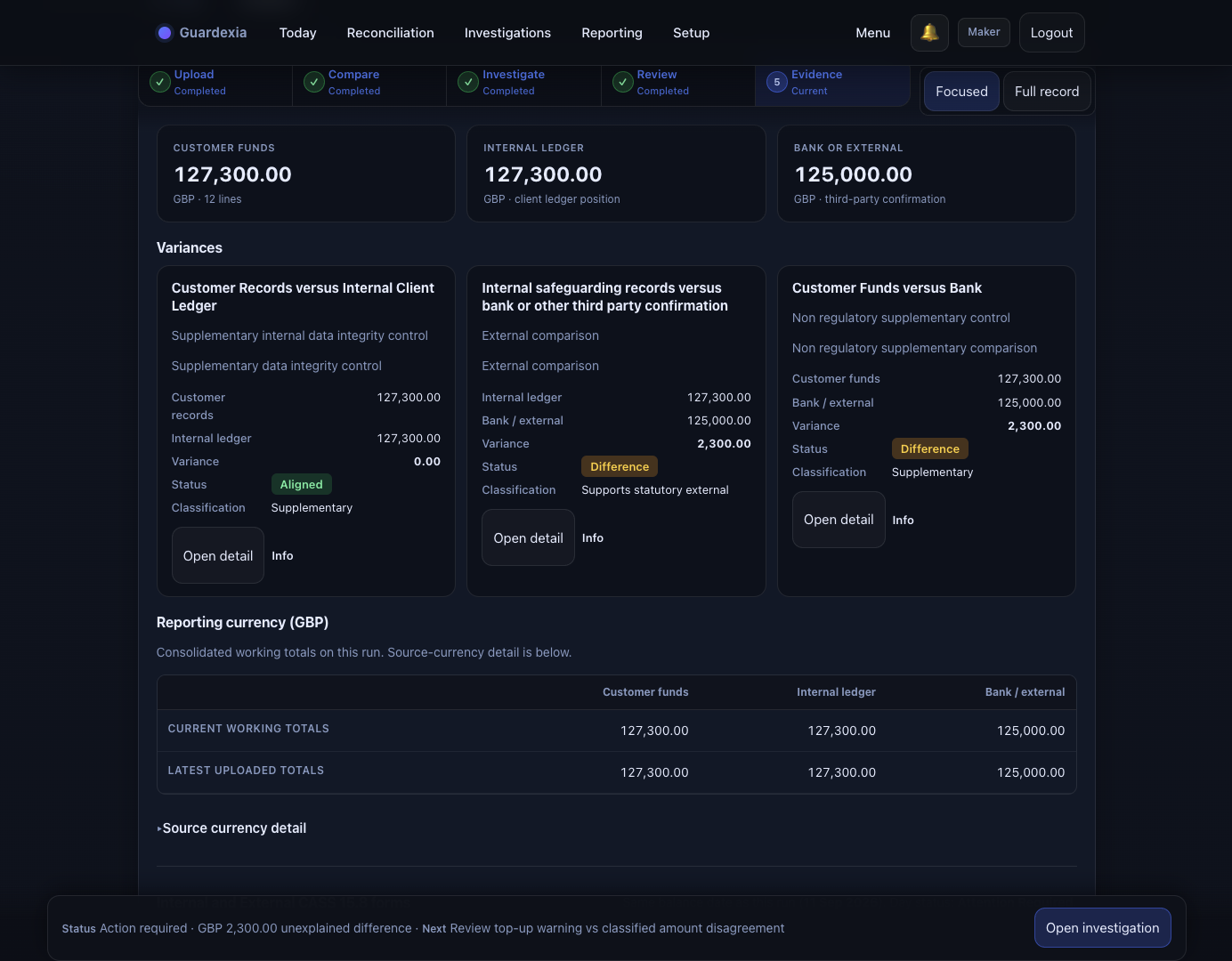 Operational three-way run Compare view showing customer funds, internal ledger and bank totals with variances between those three legs.