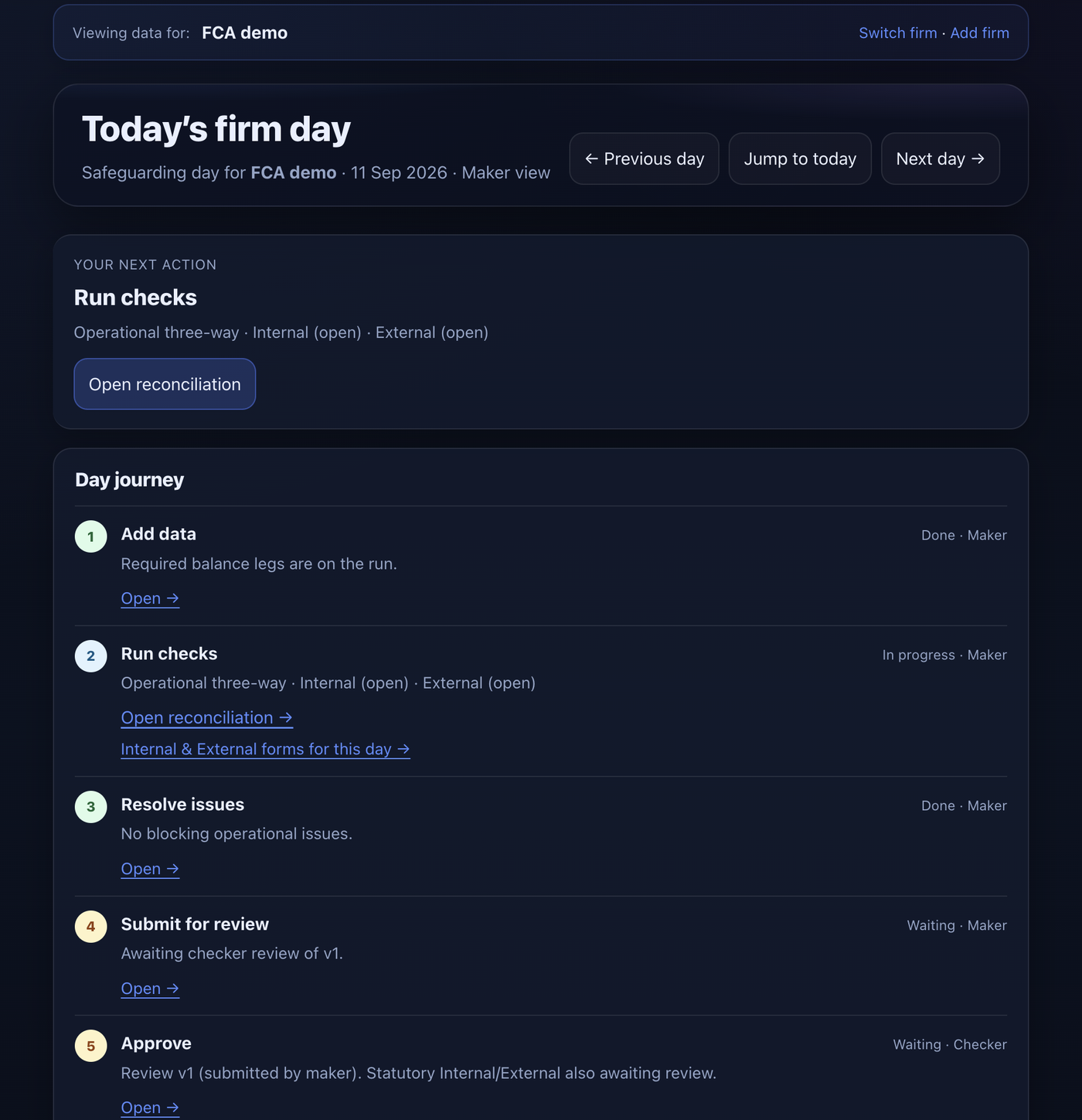 Guardexia Today dashboard for 11 September 2026 showing the safeguarding day journey: data added, reconciliation checks in progress, issues resolved, and maker–checker review awaiting approval, with September REP027 return in draft.